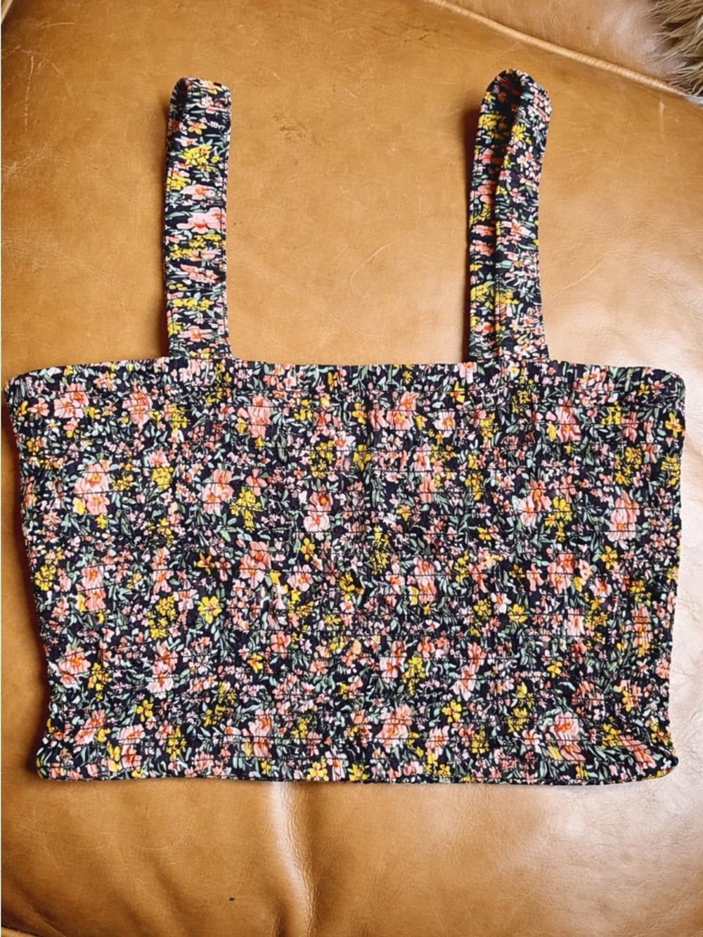 Floral Smocked Crop Tank Top - Black with Pink & Yellow Flowers